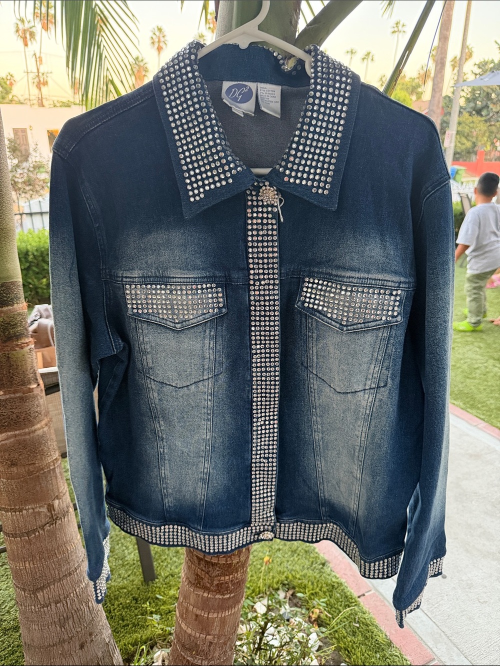 Embellished Dark Blue Denim Jacket with Crystal Studs